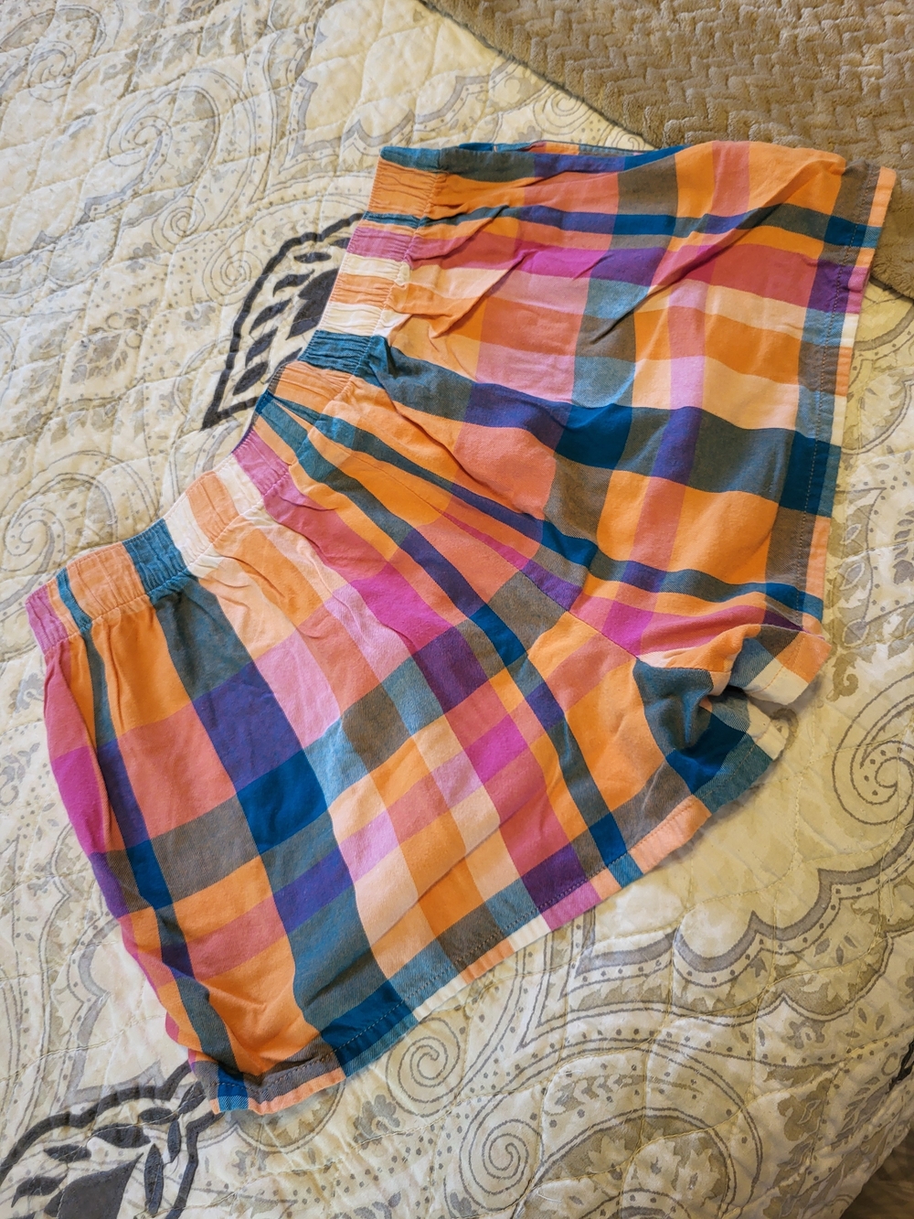 Cotton Plaid & Striped Sleep Shorts - Pink, Green, Orange - Picture 10 of 11